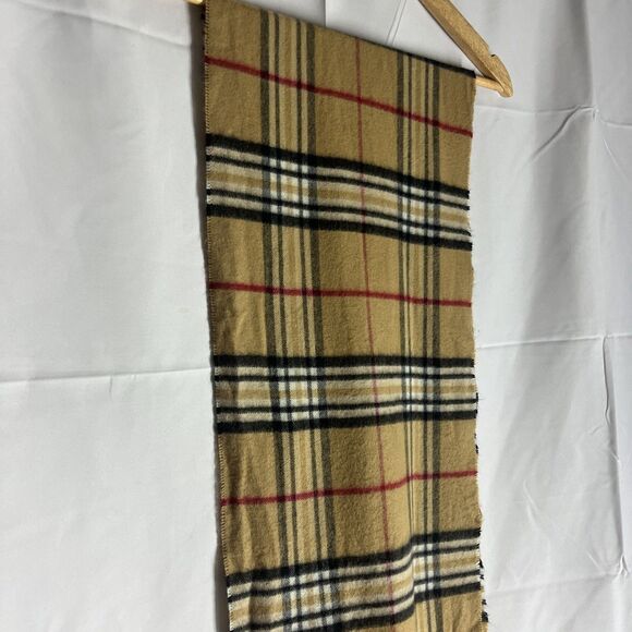 V. Fraas Cashmink Nova Check Tartan Plaid Scarf Winter Soft Classic Tan Beige - Picture 2 of 5